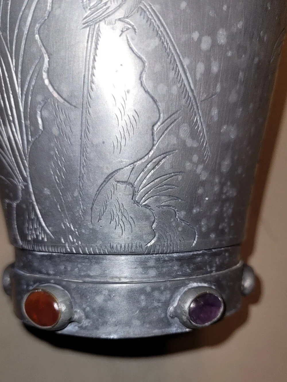 Chinese pewter vase With semi-precious stones From 1900 -1949.
